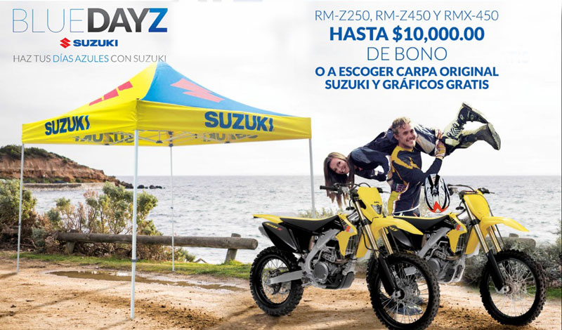 ¡Promoción Blue Days Suzuki en modelos Cross y Enduro con un bono de hasta $10,000.00 o una carpa original Suzuki y gráficos gratis!